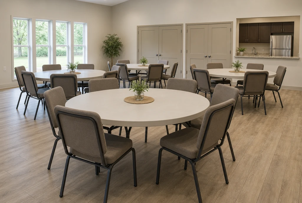 Taupe upholstered metal chairs and round tables in an illustrative refreshed Kentucky fellowship room