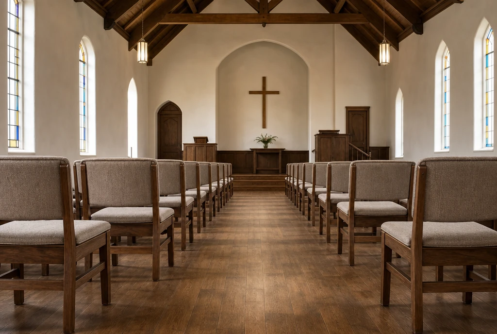 Walnut chairs with taupe upholstery in an illustrative Kentucky church sanctuary