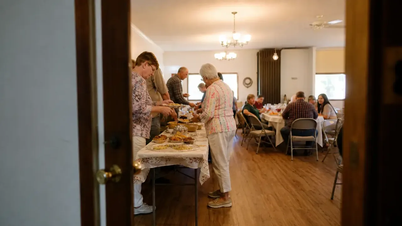 View through a doorway of people serving food and sitting at tables in a hall