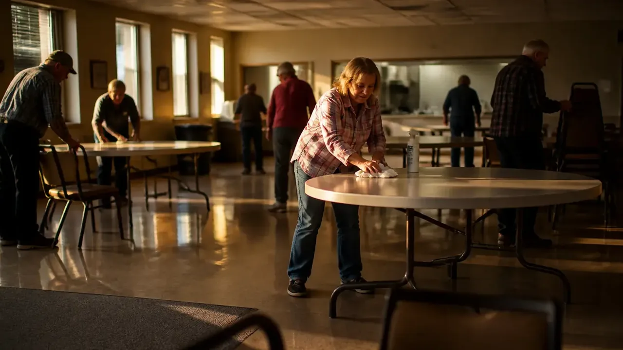 Woman wiping a round table while other people move chairs and clean a hall