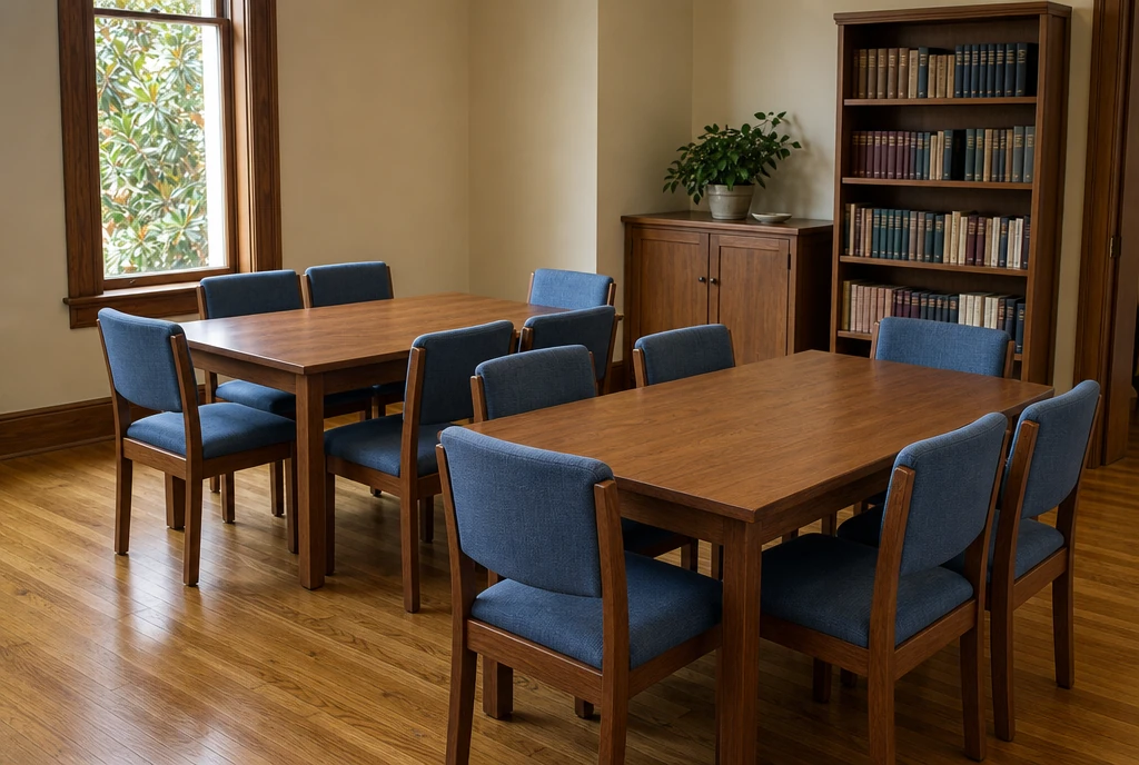 French-blue upholstered wood chairs around adult meeting tables in an illustrative Louisiana church room