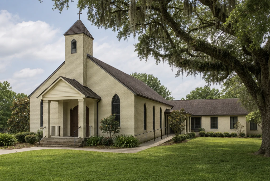Illustrative church exterior in a south Louisiana oak-lined neighborhood