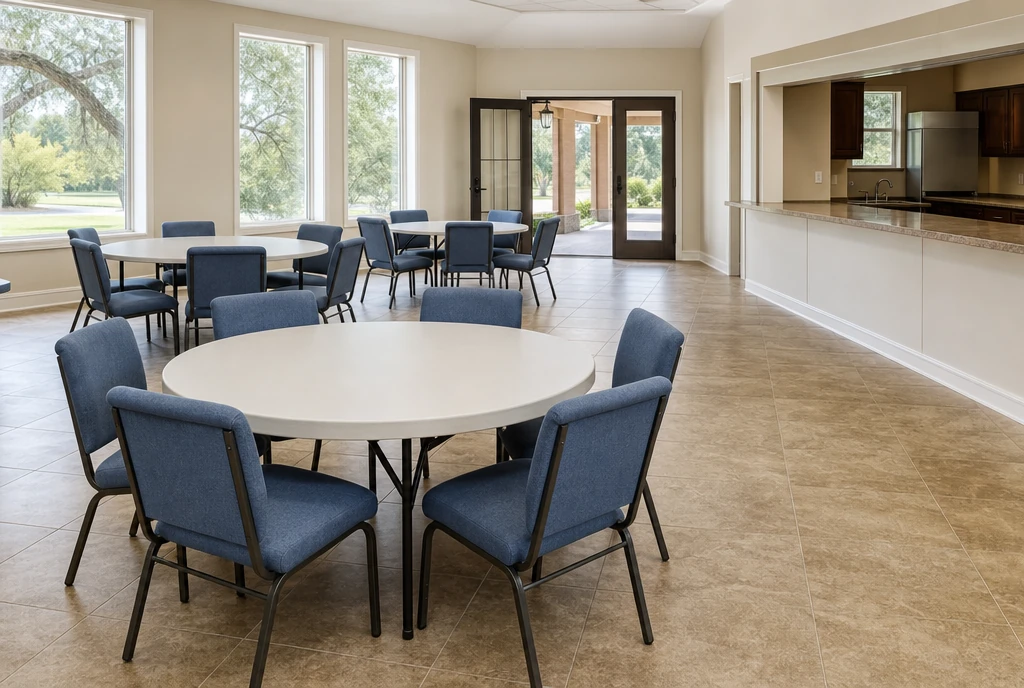 French-blue upholstered metal chairs around round tables in an illustrative Louisiana fellowship hall