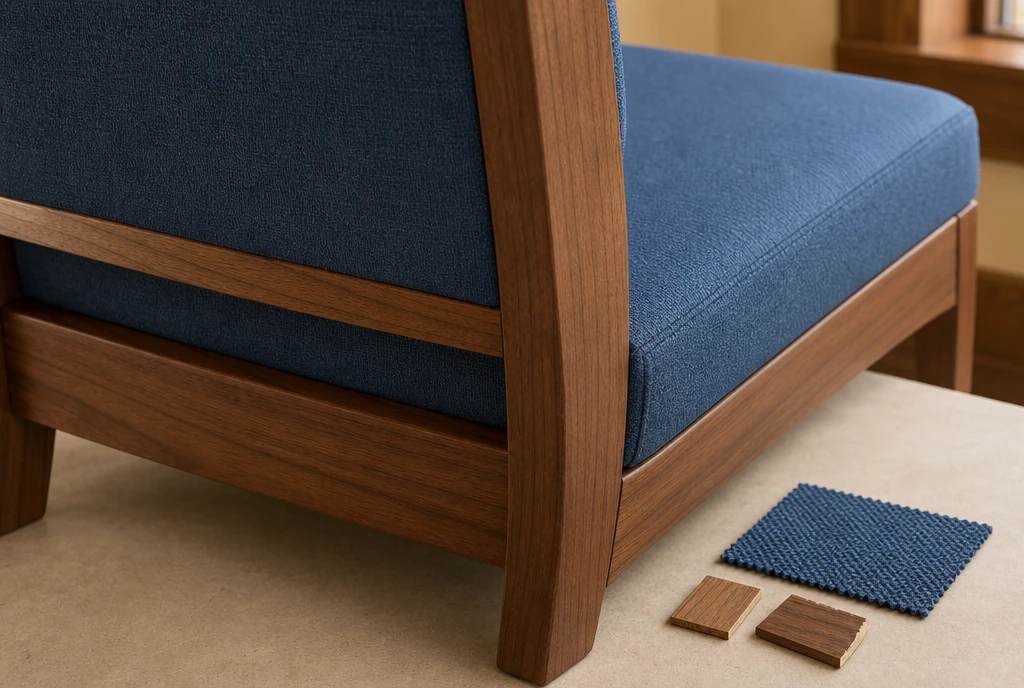 Pecan-toned church chair joinery with French-blue upholstery and material samples