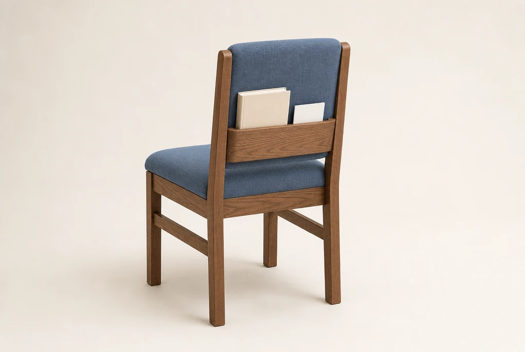 Warm pecan-toned hardwood church chair concept with muted French-blue woven upholstery and a rear book rack