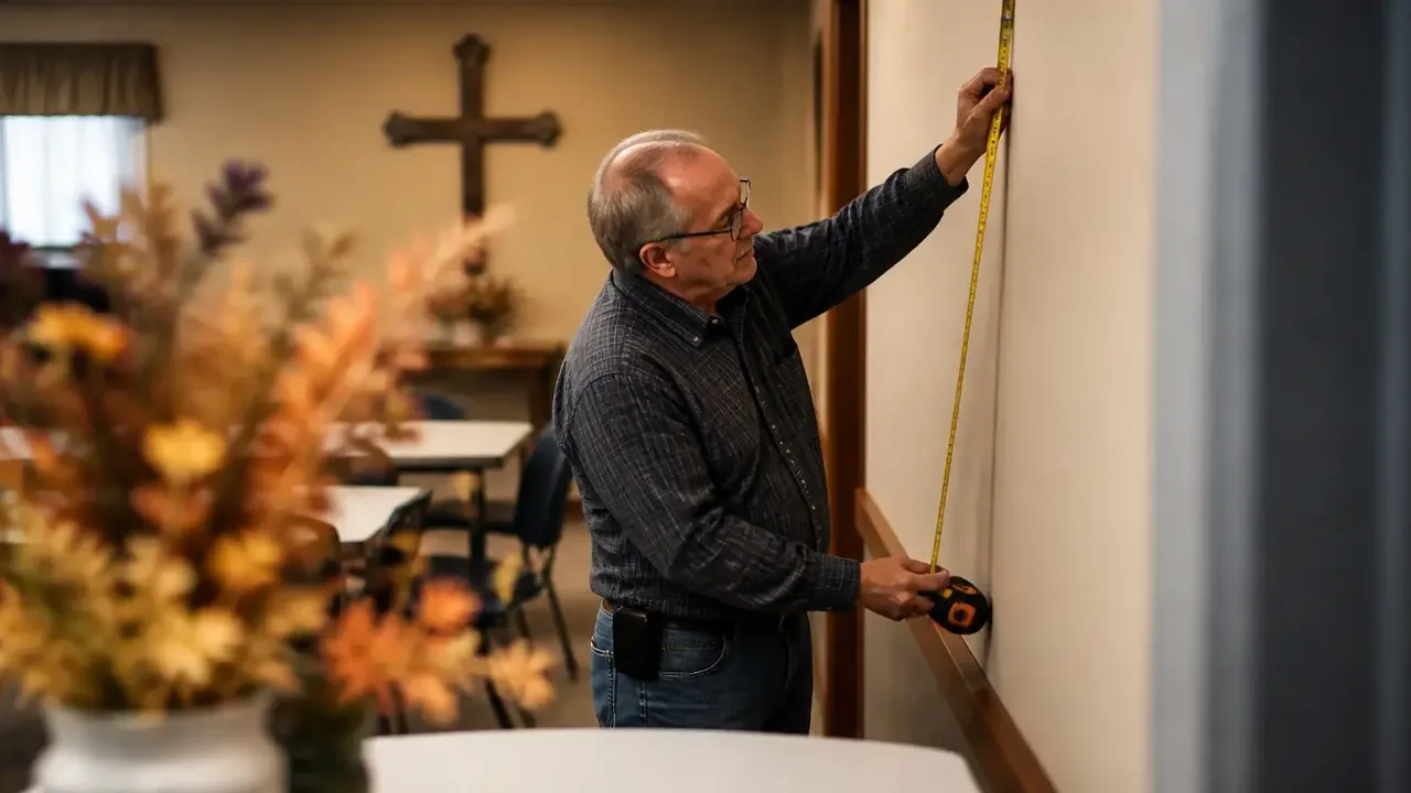 Tape measure stretched across a pew, foreground softly blurred