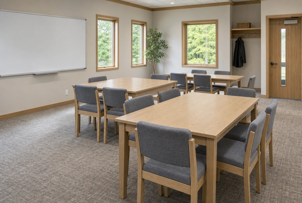 Full-size slate upholstered wood chairs and seminar tables in an illustrative Michigan teaching room