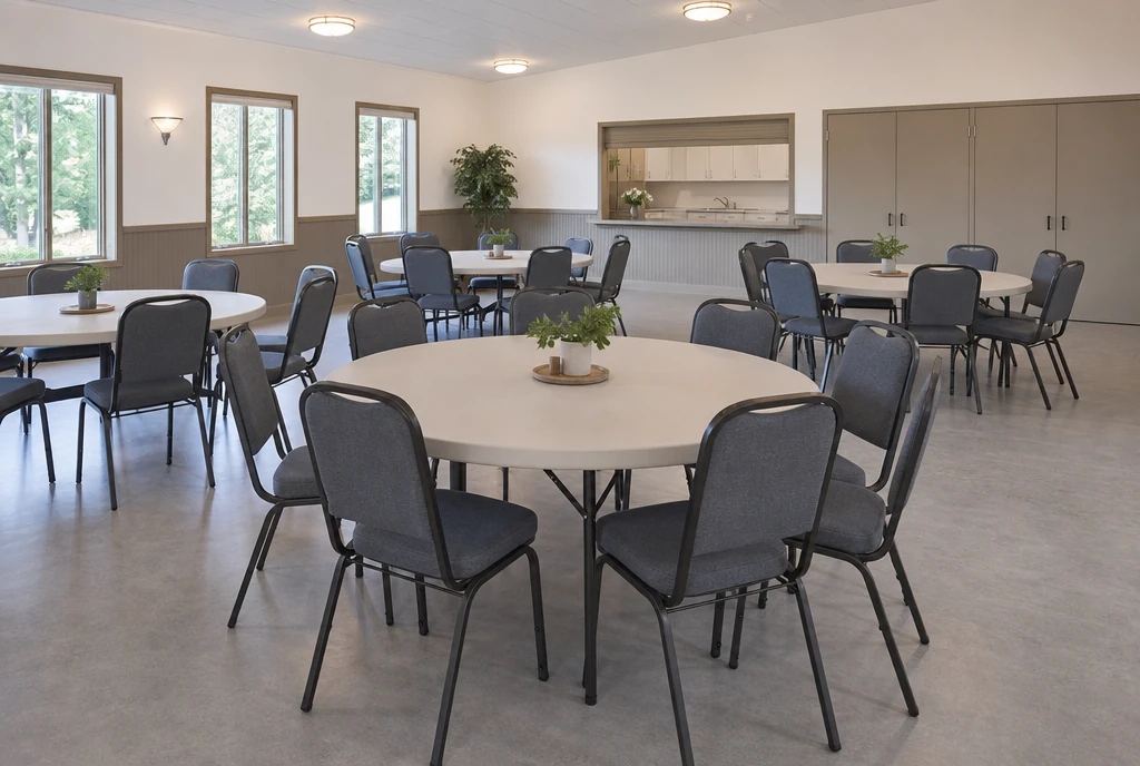 Slate upholstered metal chairs around round tables in an illustrative Michigan church hall
