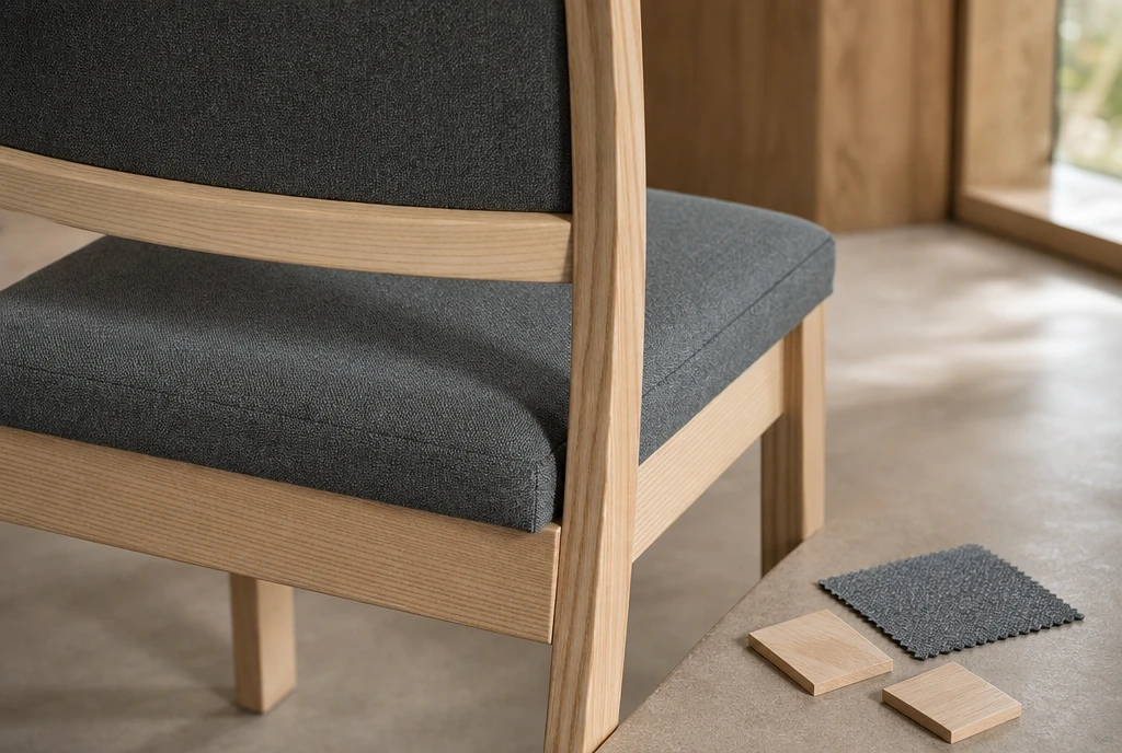 Ash church chair detail with slate fabric and finish samples