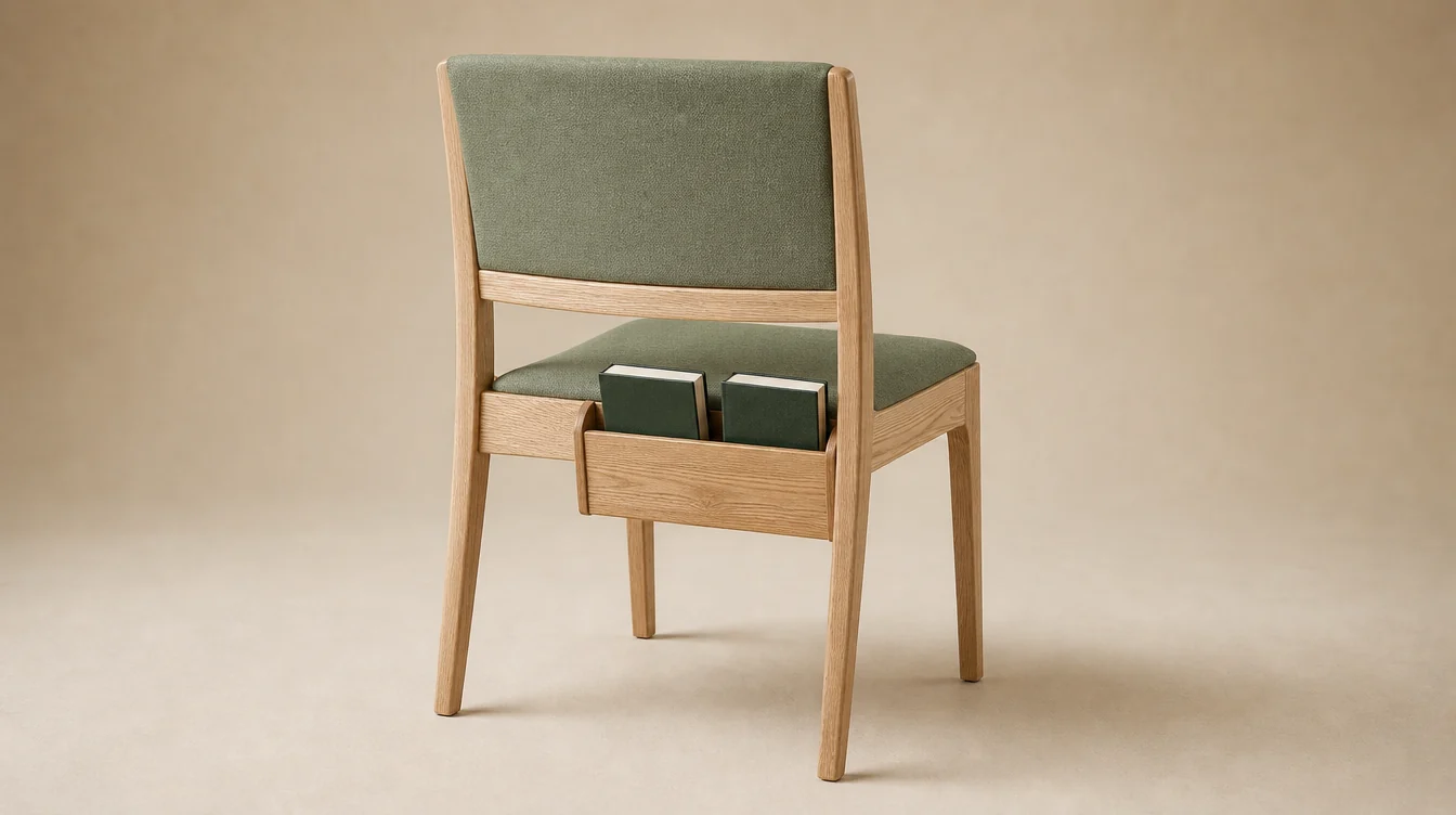 A contemporary solid white-oak church chair with a softly squared upholstered back, gently tapered legs, clear pale-oak finish and muted spruce-green woven seat and back with a rear book rack
