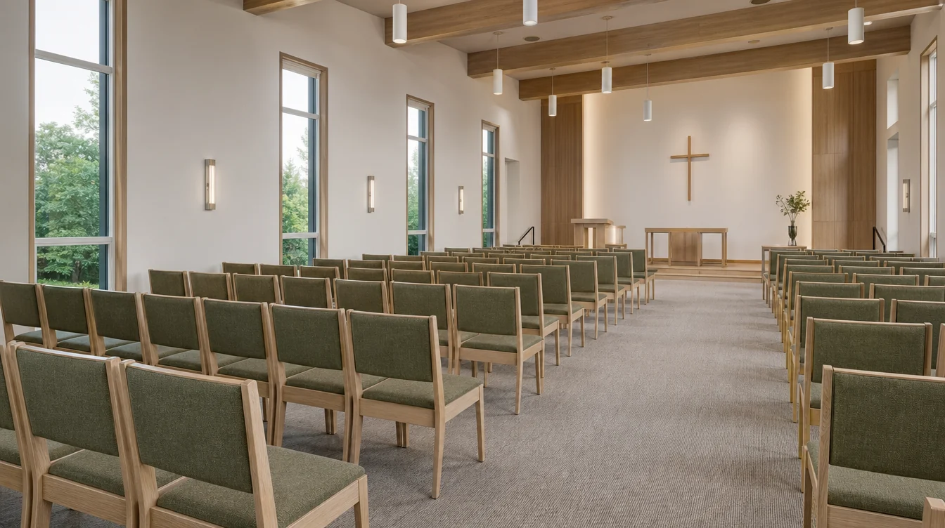 Minnesota church sanctuary with rows of a contemporary solid white-oak church chair with a softly squared upholstered back, gently tapered legs, clear pale-oak finish and muted spruce-green woven seat and back