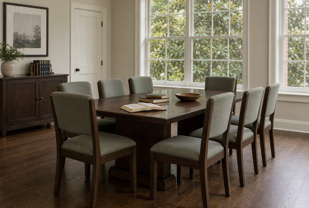 Full-size dark oak chairs around a meeting table in an illustrative Mississippi church study room