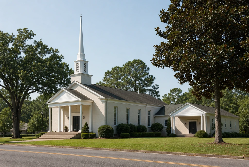 Illustrative church exterior in a central Mississippi small-town setting