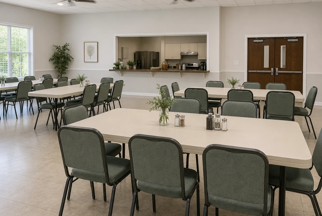Sage-gray upholstered metal chairs and rectangular tables in an illustrative Mississippi church hall