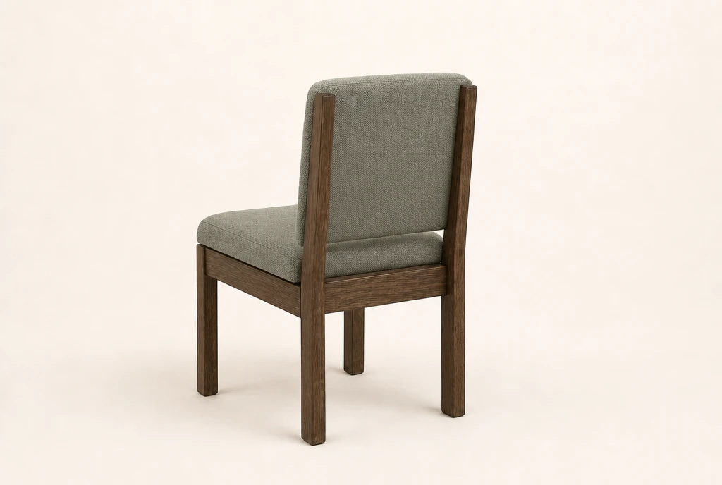 Dark tobacco-brown oak church chair concept with muted sage-gray woven fabric and no rear book rack