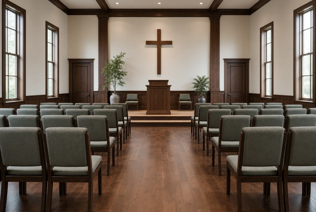 Sage-gray upholstered dark oak chairs in an illustrative Mississippi sanctuary