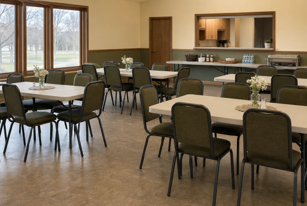 Olive upholstered metal chairs and rectangular tables in an illustrative Missouri parish hall