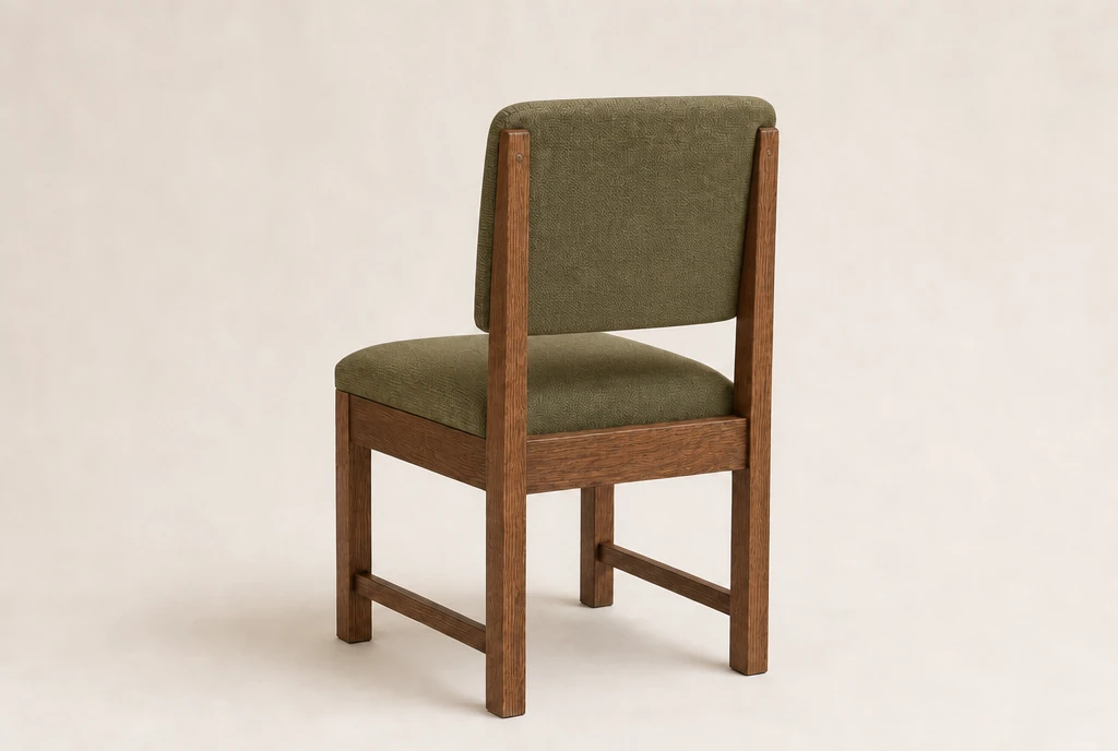 Rich chestnut-stained oak church chair concept with muted olive woven fabric and no rear book rack