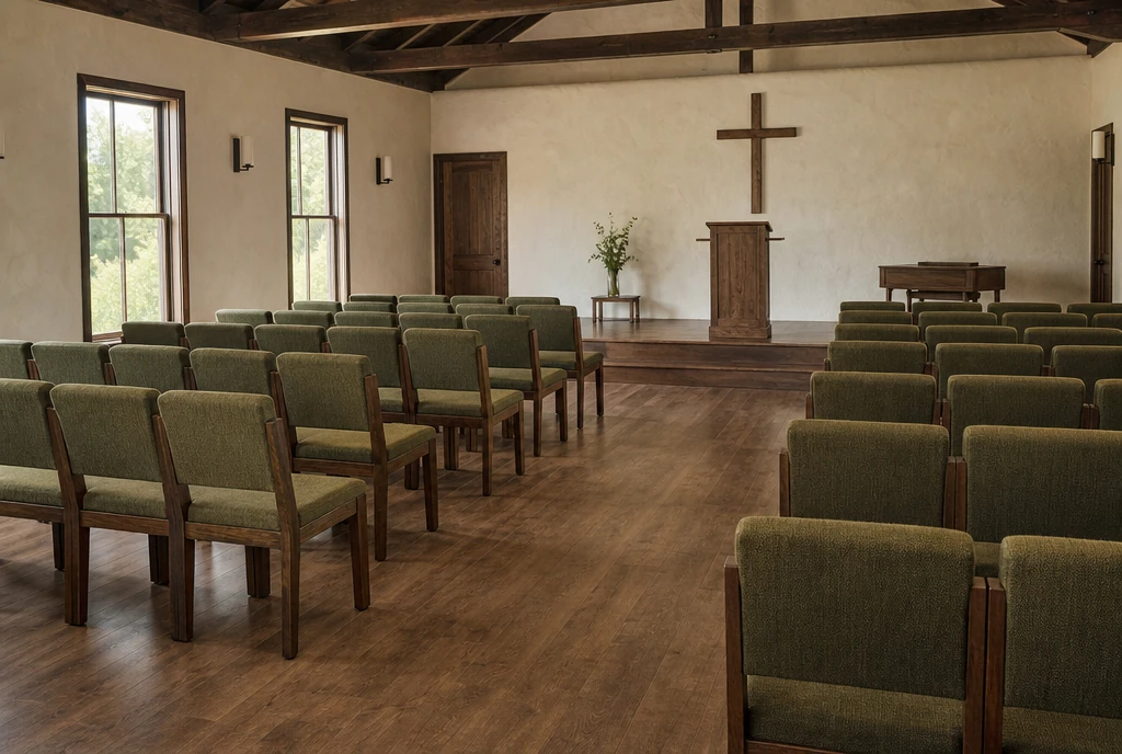 Chestnut wood chairs with olive upholstery in an illustrative Missouri sanctuary
