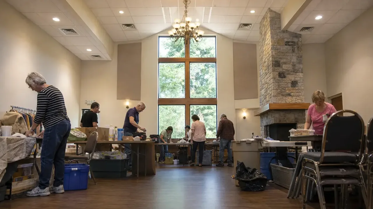 People sorting supplies at tables in a hall with tall windows and a stone fireplace