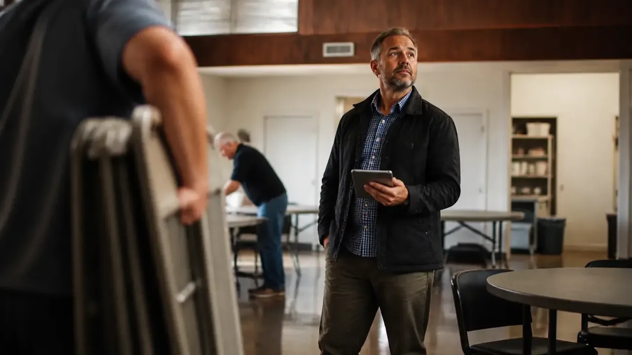 A man holding a tablet beside folded tables while people set up the room