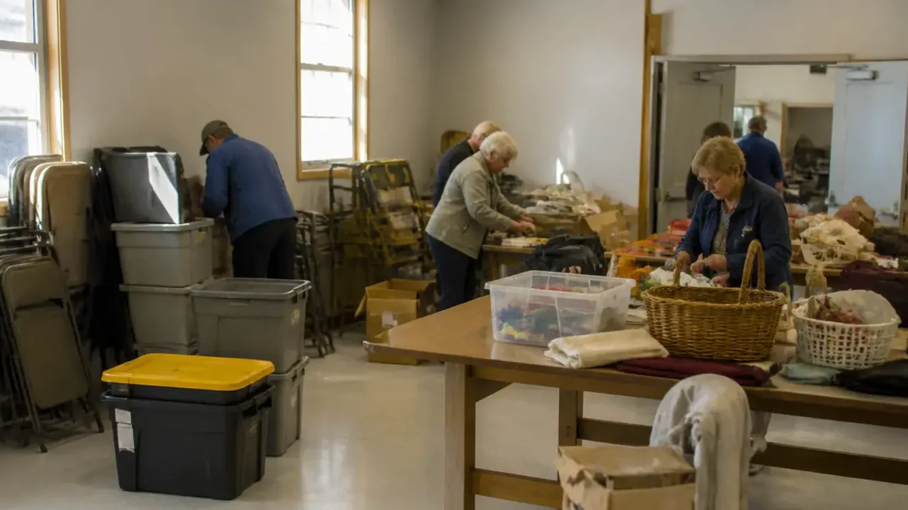 People sorting supplies at tables, with folded chairs and storage tubs along the walls