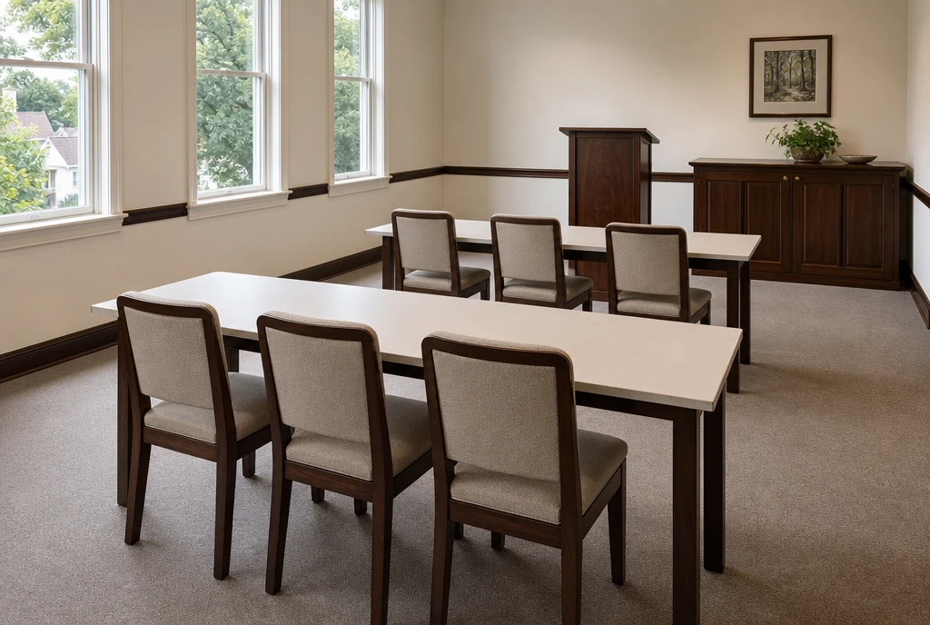 Oatmeal upholstered wood chairs at seminar tables in an illustrative New Jersey adult classroom