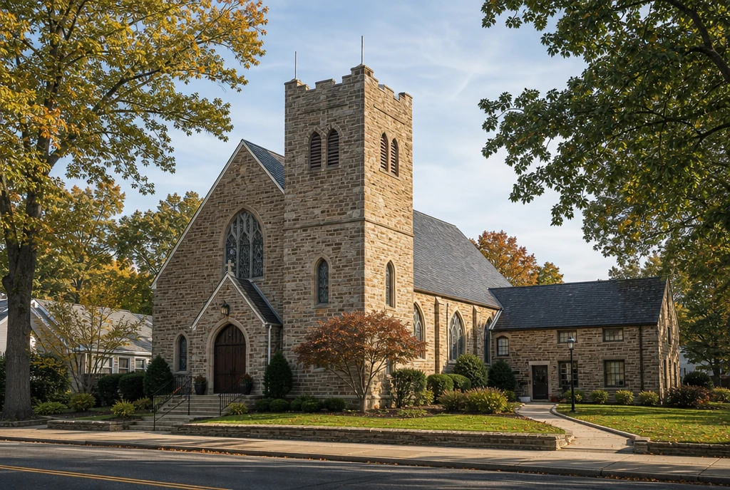 Illustrative church exterior in a northern New Jersey leafy borough setting