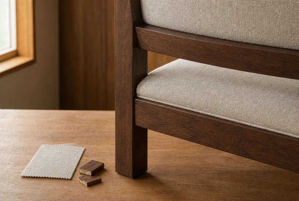 Chestnut-stained church chair detail with oatmeal upholstery and material samples