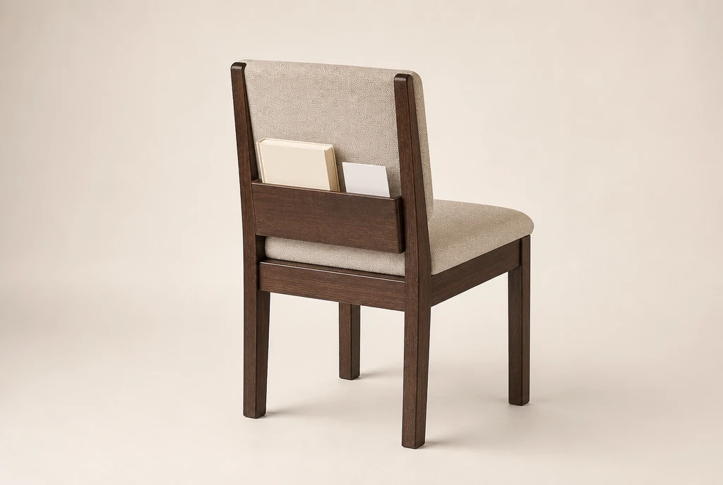 Dark chestnut-stained hardwood church chair concept with soft oatmeal woven upholstery and a rear book rack