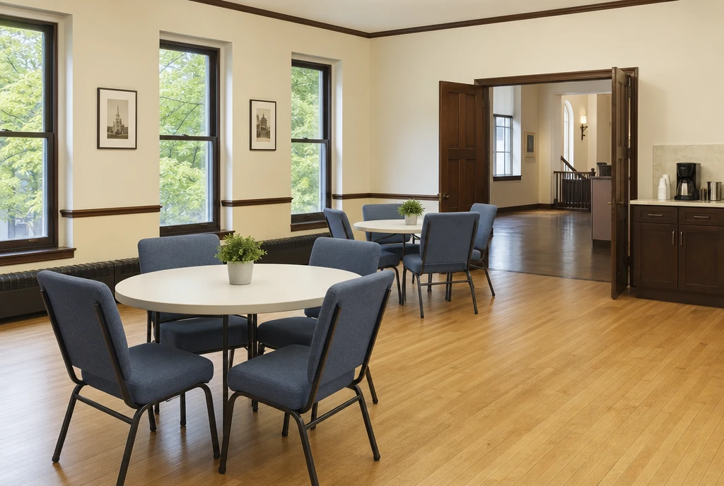An illustrative New York upstairs church gathering room with round tables and dusty-blue upholstered chairs