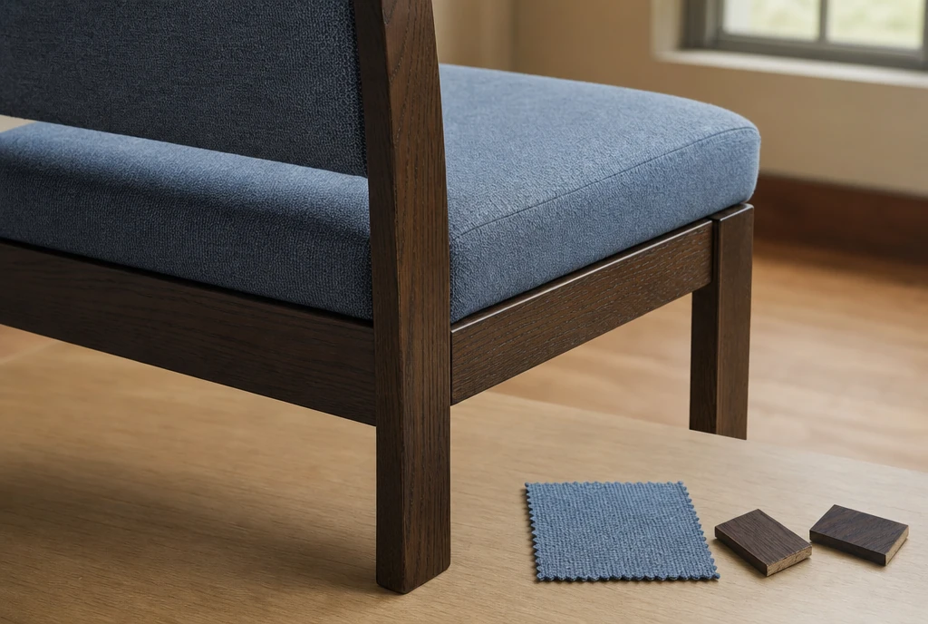 Espresso wood church chair detail with dusty-blue fabric and small finish samples