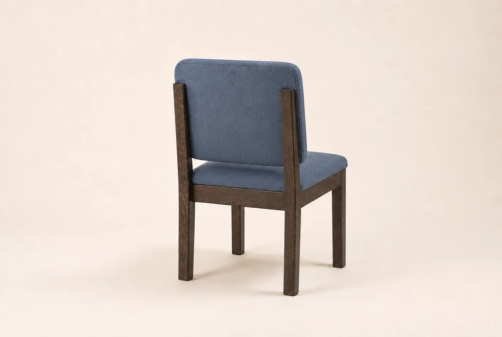 Matching espresso wood church chair concept with dusty-blue upholstery and no rear book rack