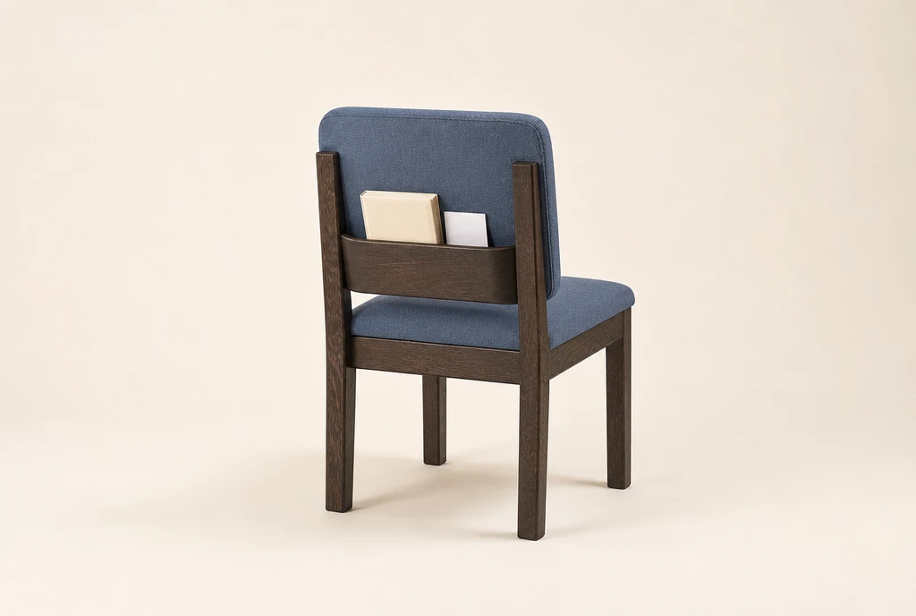 Espresso wood church chair concept with dusty-blue upholstery and a rear wooden book rack