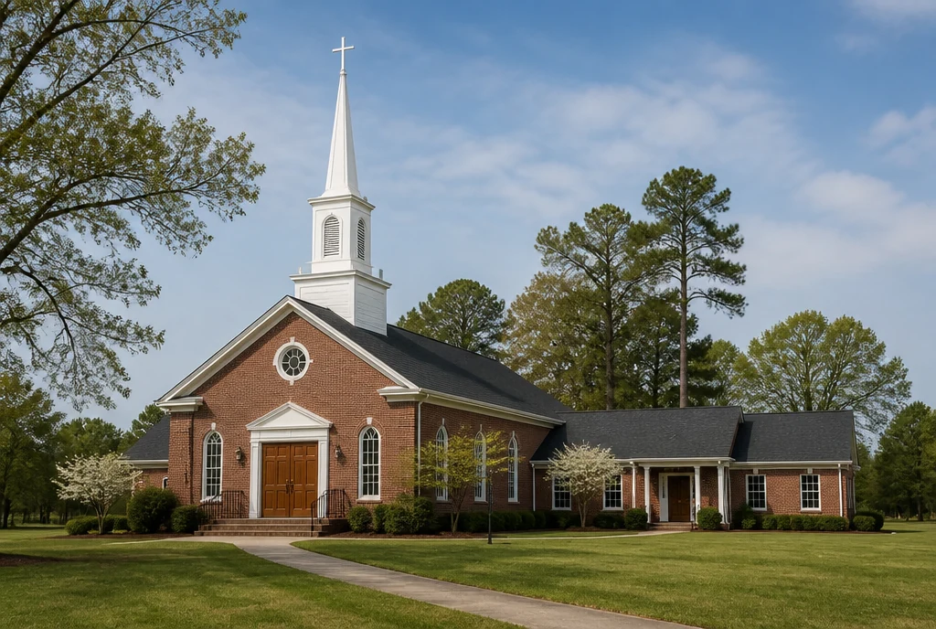 Illustrative red-brick North Carolina Piedmont church with a white steeple, oaks and pines
