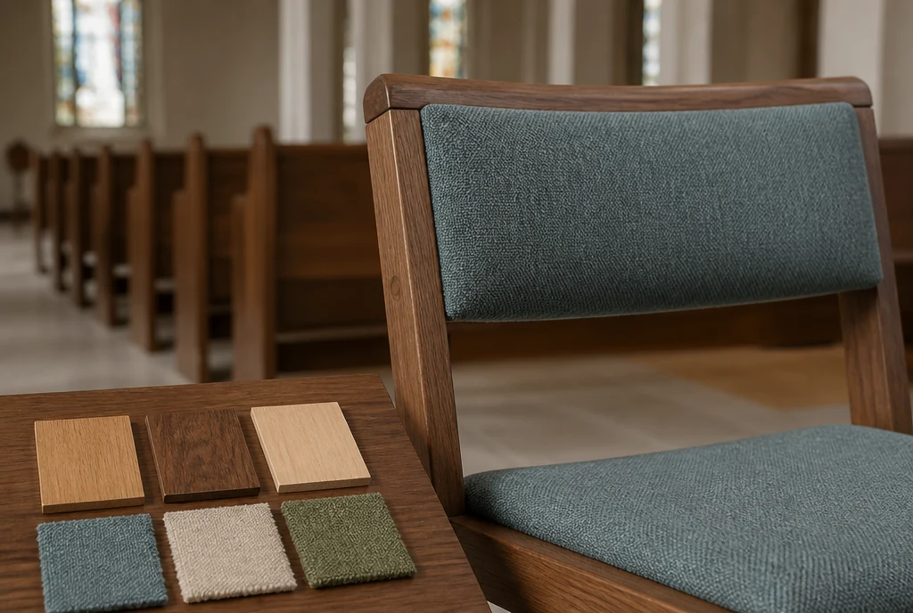 Walnut church chair detail with wood and blue-green upholstery samples