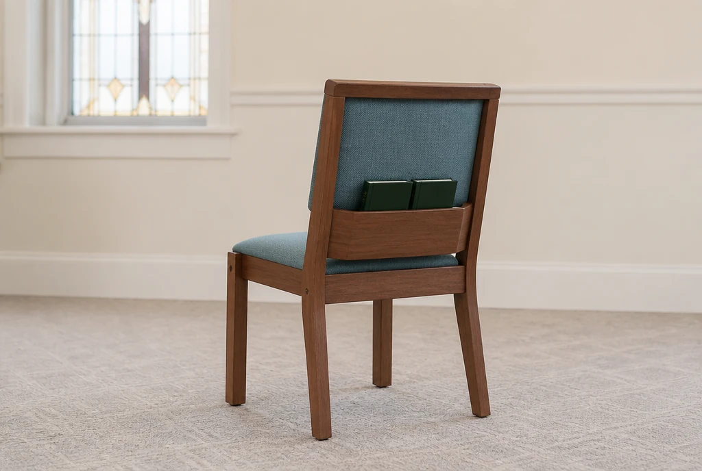 Walnut church chair concept with blue-green upholstery and rear wooden book rack
