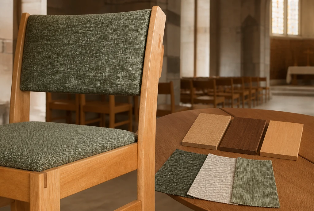 Honey-maple church chair detail beside green upholstery and wood finish samples