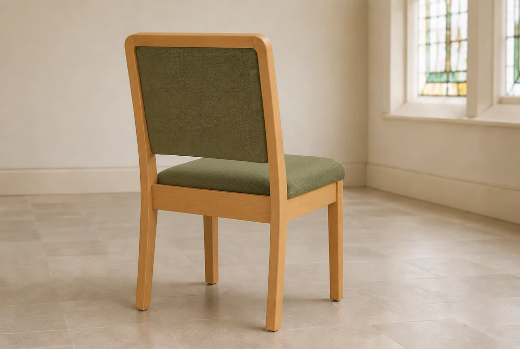 Matching honey-maple church chair concept with moss-green upholstery and no rear rack