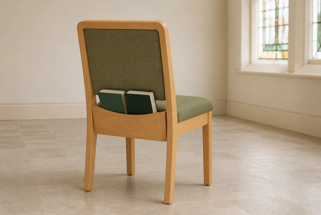 Honey-maple church chair concept with moss-green upholstery and a rear book rack