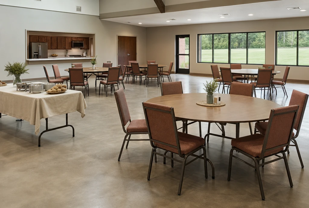 Dusty-copper upholstered metal chairs around tables in an illustrative Oklahoma church fellowship room
