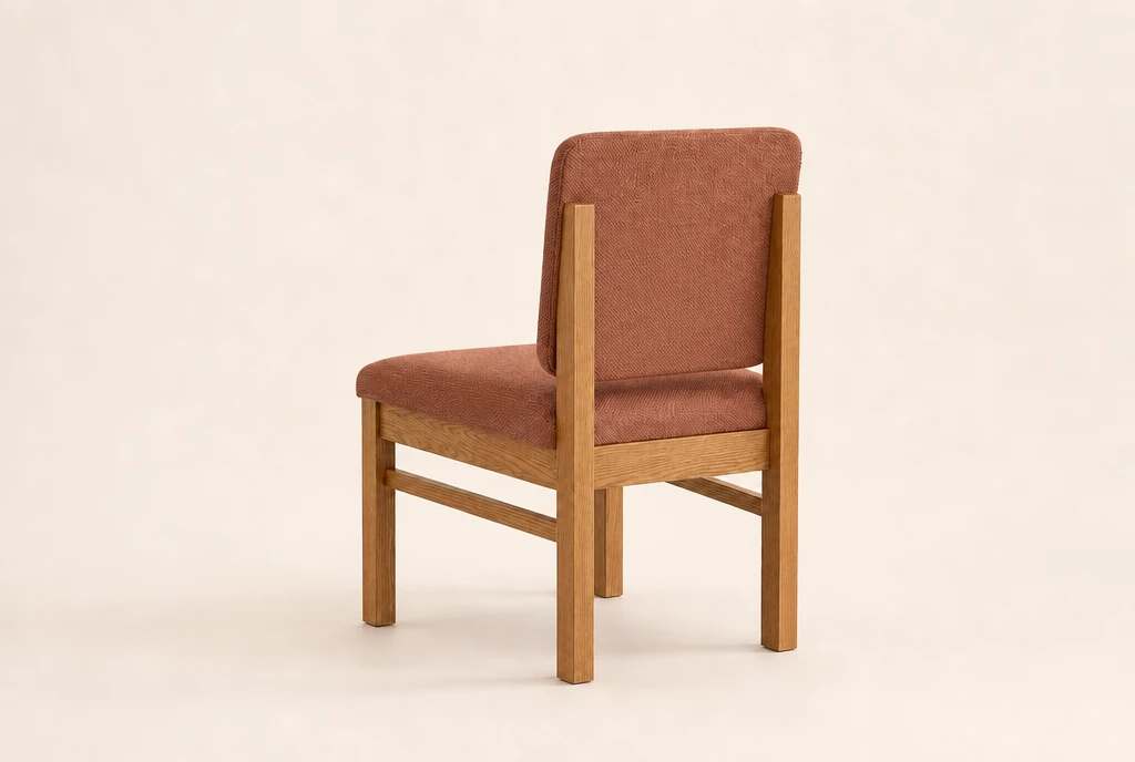 Natural warm oak hardwood church chair concept with muted dusty-copper woven fabric and no rear book rack