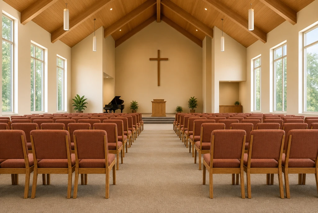 Oak chairs with dusty-copper upholstery in an illustrative Oklahoma sanctuary