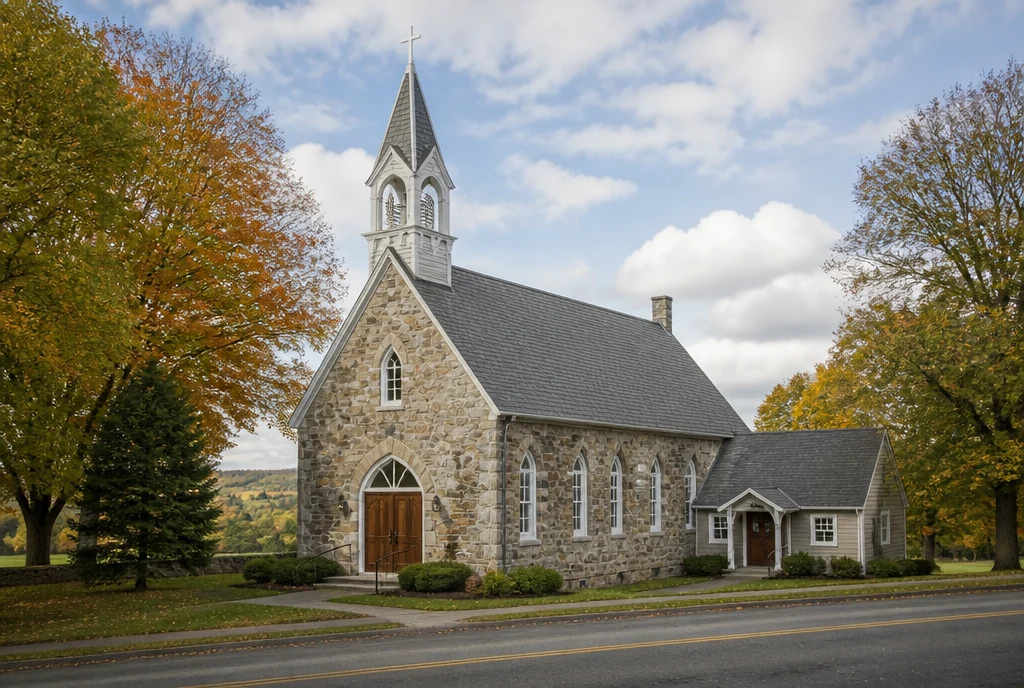 Illustrative Pennsylvania fieldstone church with a white bell tower, maples and rolling farmland