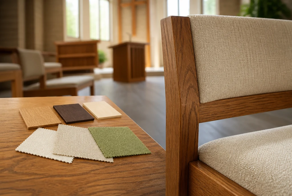 Oak church chair detail with oatmeal upholstery and coordinated wood and fabric samples