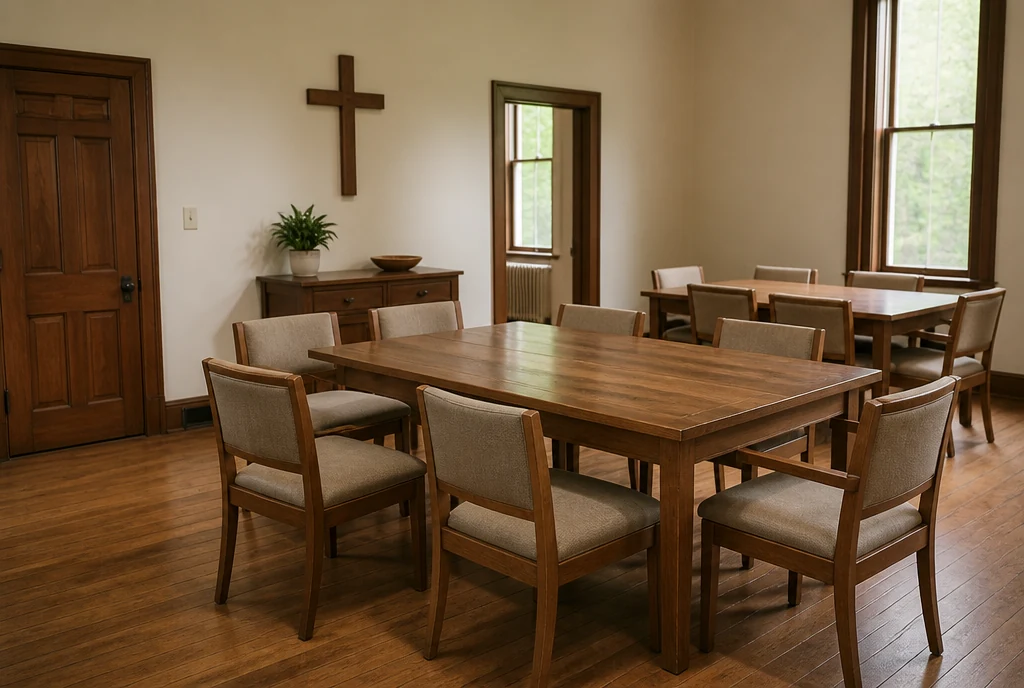 Oak upholstered chairs around discussion tables in an illustrative Pennsylvania church meeting room