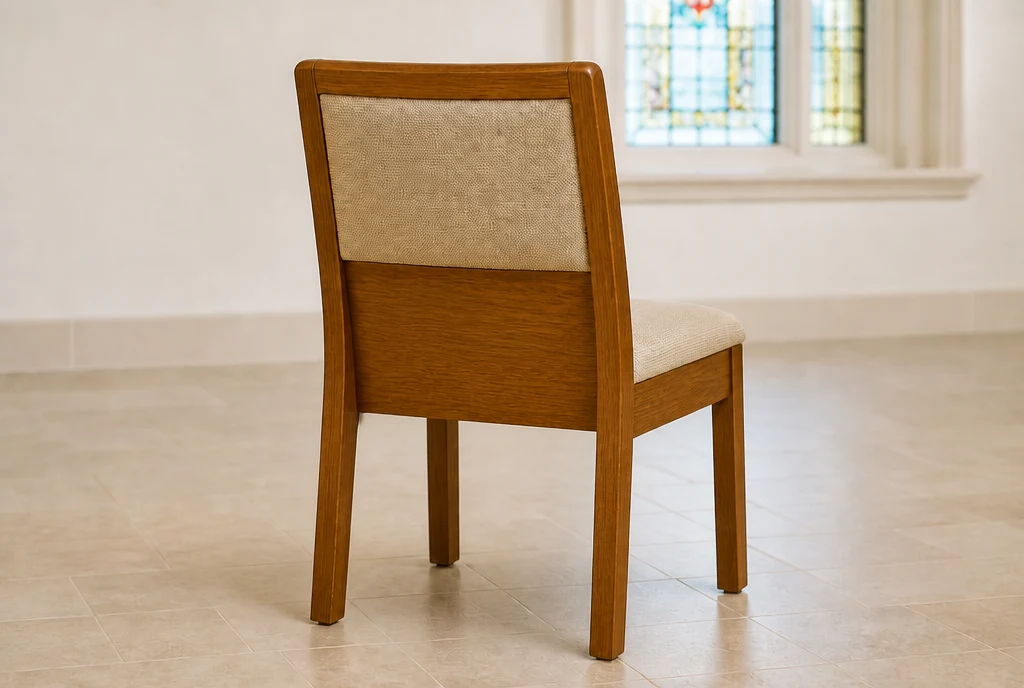 Matching medium-oak church chair concept with oatmeal upholstery and no rear rack