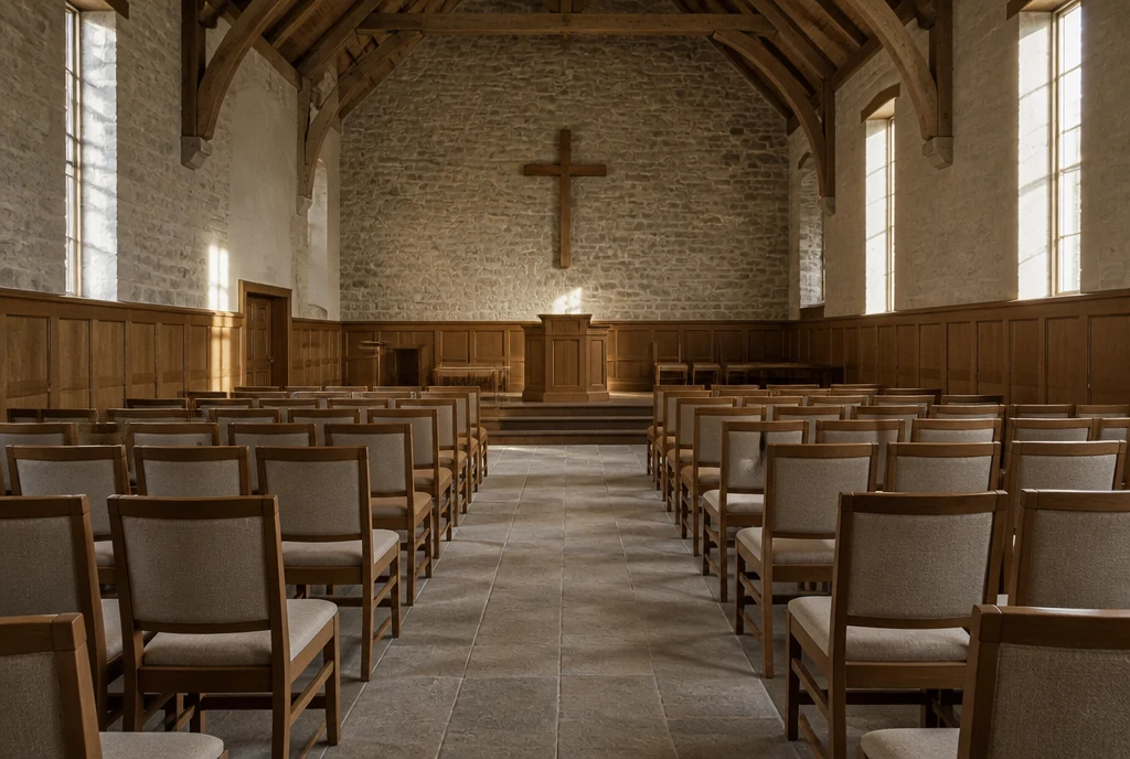 Individual oak upholstered chairs in an illustrative Pennsylvania sanctuary with timber and wood trim