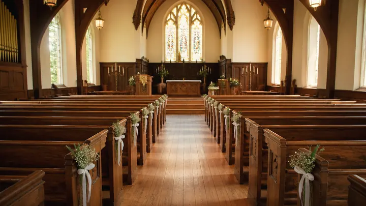 Wooden pews arranged around a central aisle in a light-filled church sanctuary