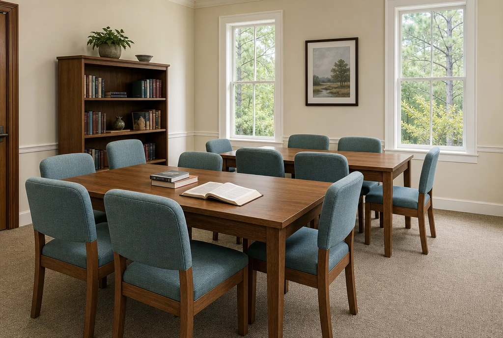 Full-size wood chairs and discussion tables in an illustrative South Carolina church adult classroom